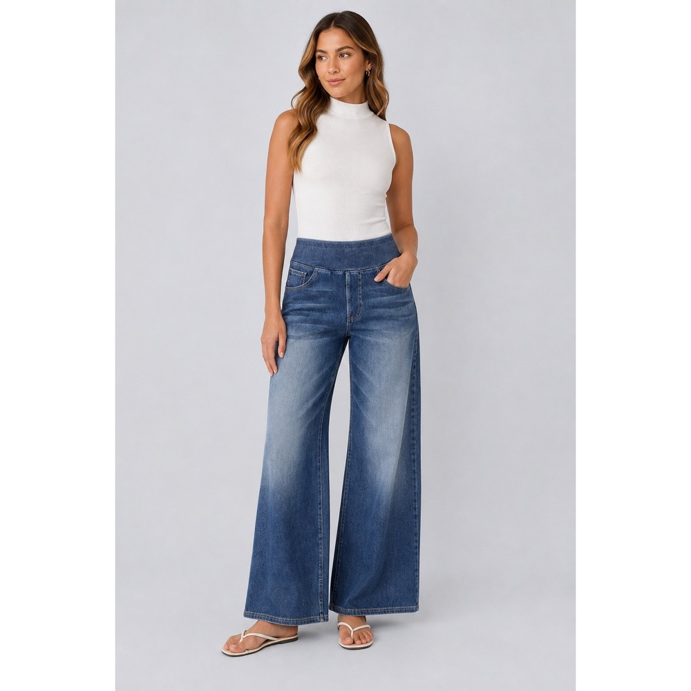 Halara Flex Wide Leg Pull On High Waisted Denim Jeans Blue Medium Wash L NEW